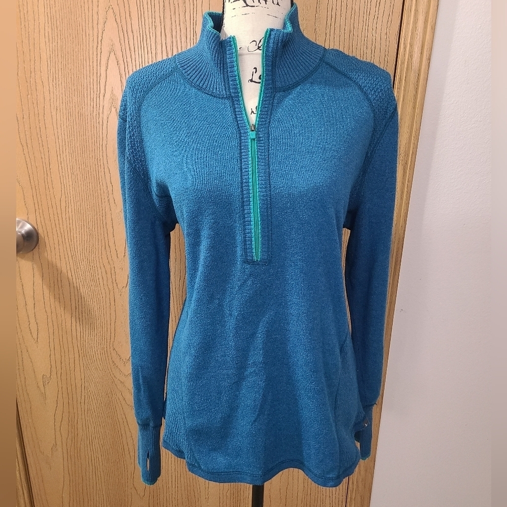 Eddie Bauer Teal Knit Quarter Zip Gorpcore Outdoor Sweatshirt Thumb Holes - Picture 1 of 4